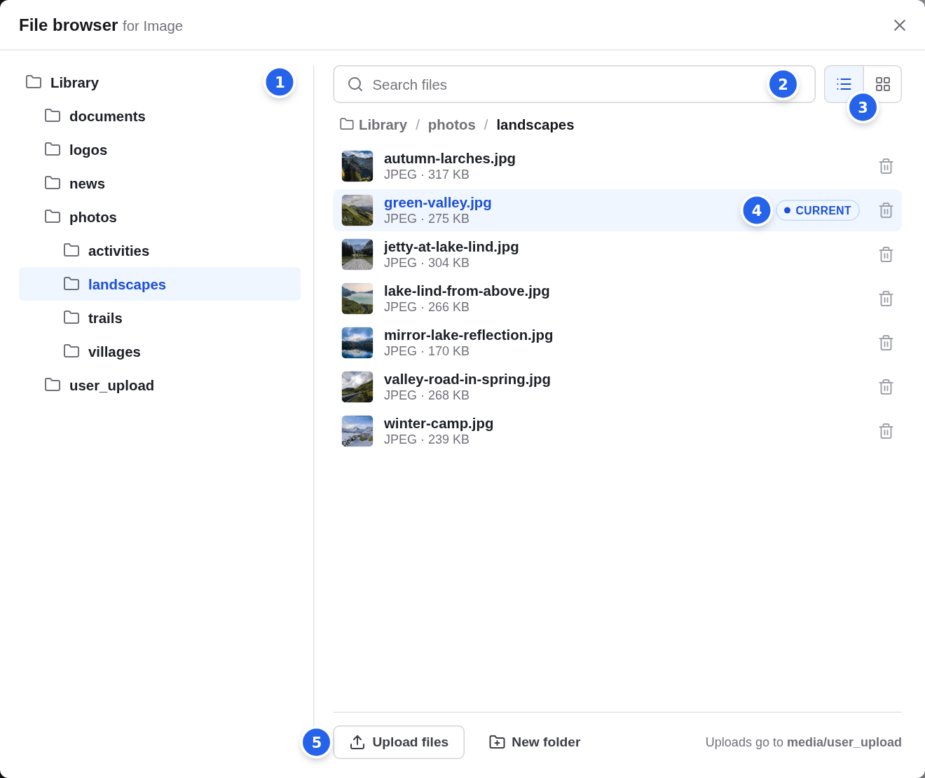 The File browser for Image with numbered markers on the folder list, the search box, the List and Tiles buttons, the CURRENT badge on green-valley.jpg and the Upload files button
