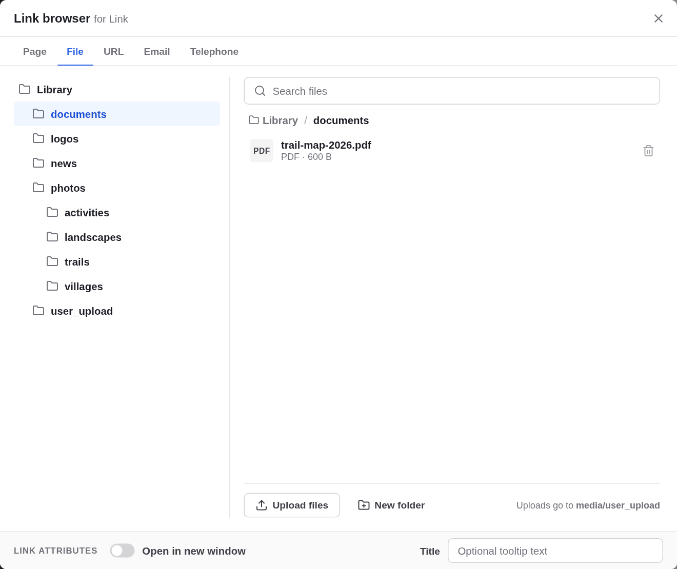 The Link browser on its File tab, with the folder documents open and the file trail-map-2026.pdf listed