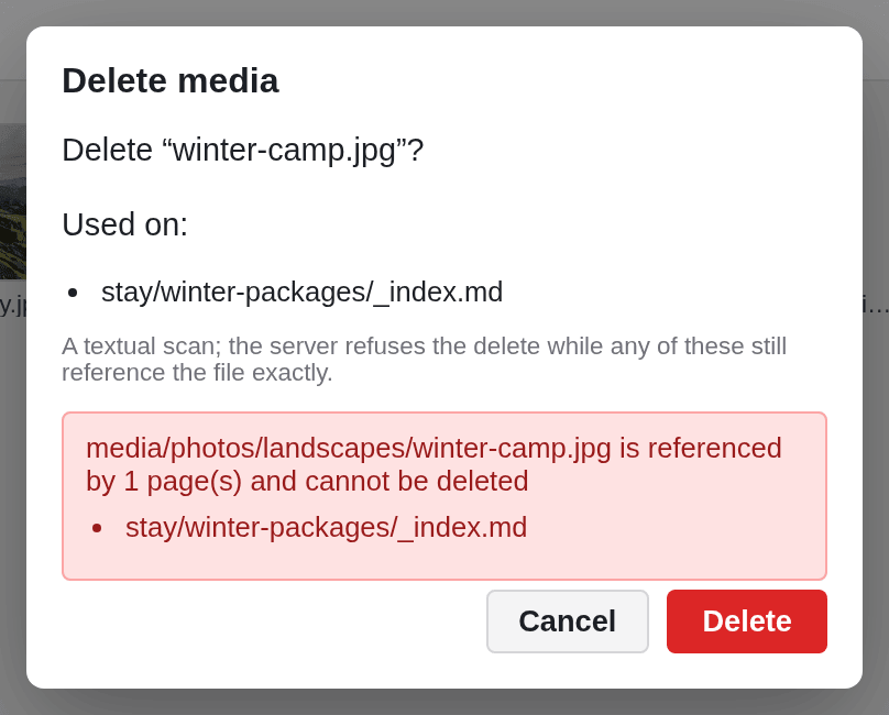 The dialog Delete media for winter-camp.jpg: Used on stay/winter-packages/_index.md, and a red message that the file is referenced by 1 page and cannot be deleted