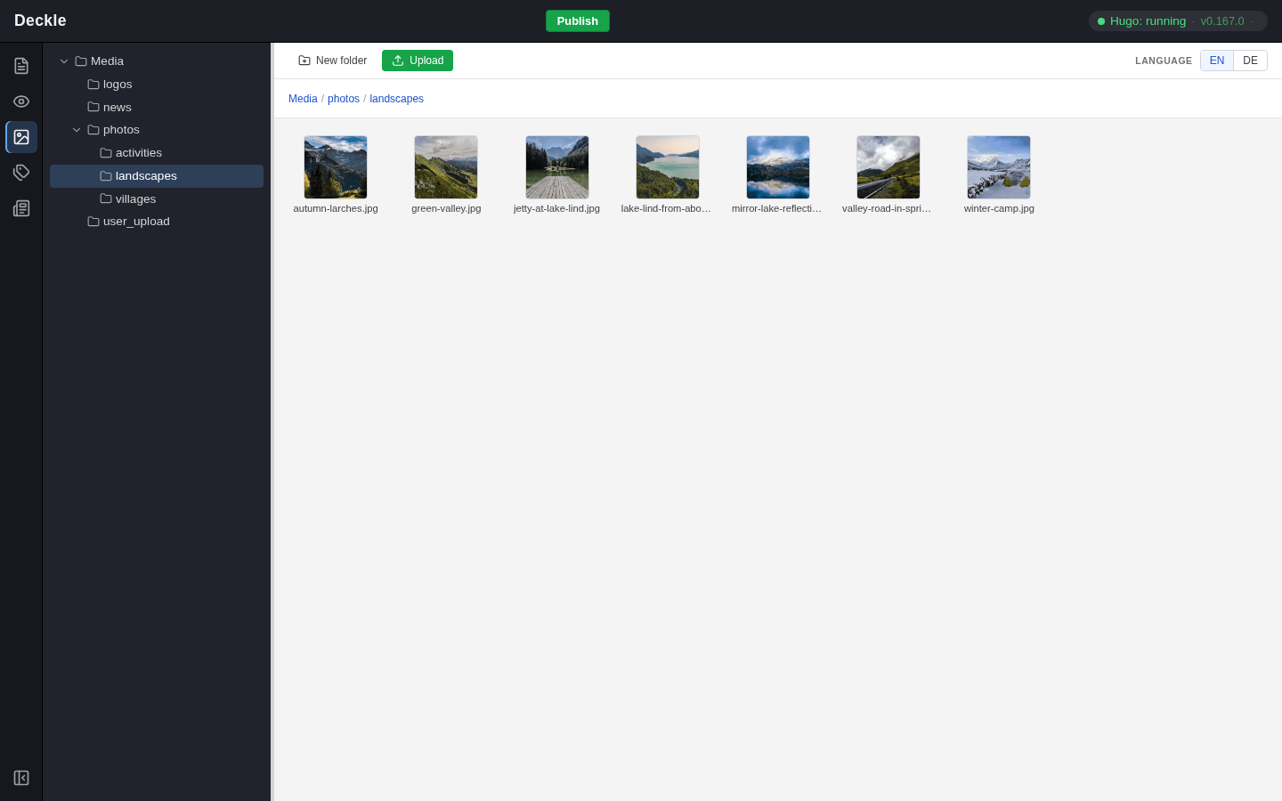 The Media module: the folder tree on the left with the folder landscapes selected, and a grid of seven landscape photos on the right
