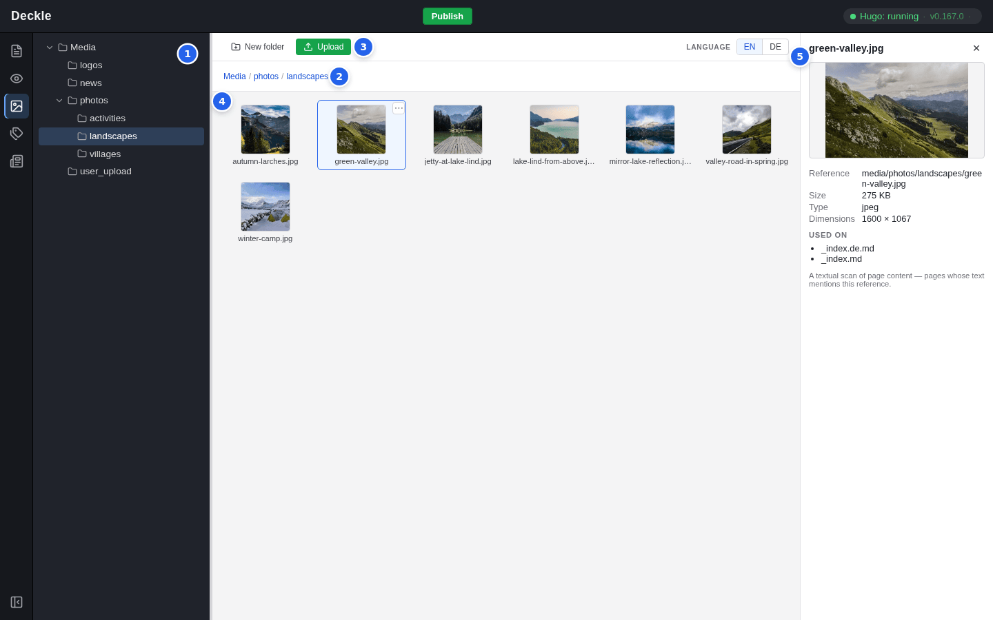 The Media module with numbered markers on the folder tree, the breadcrumb, the Upload button, the grid of files and the details panel of the file green-valley.jpg
