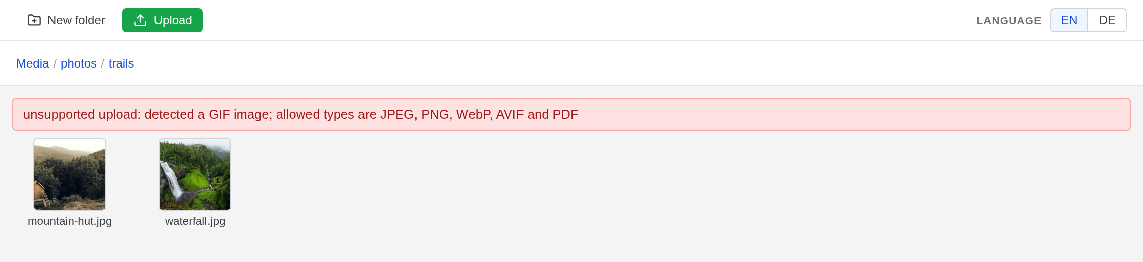 A red message above the grid: unsupported upload: detected a GIF image; allowed types are JPEG, PNG, WebP, AVIF and PDF