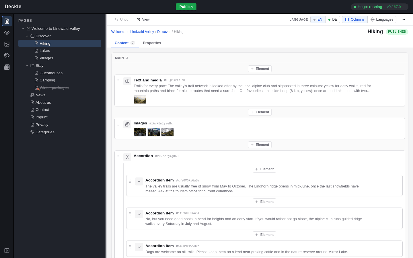 The Page module: the page tree with the sections Discover and Stay opened, the page Hiking selected and its content elements on the right