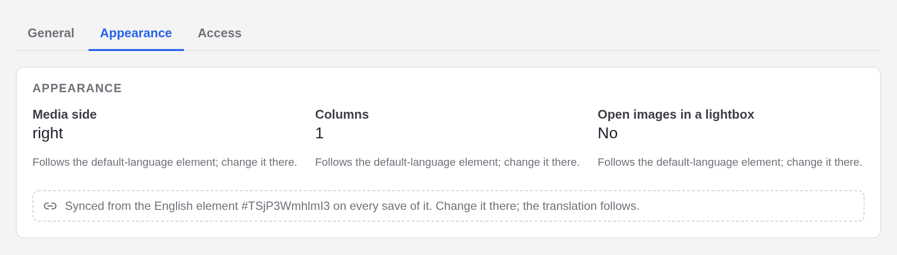 The Appearance tab of a German element: Media side, Columns and Open images in a lightbox are read-only, with the note that they are synced from the English element