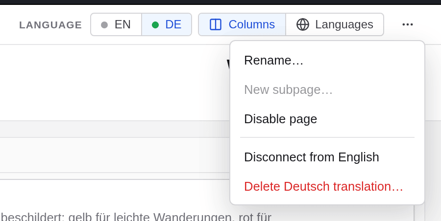 The more menu of a German page with Rename, Disable page, Disconnect from English and Delete Deutsch translation
